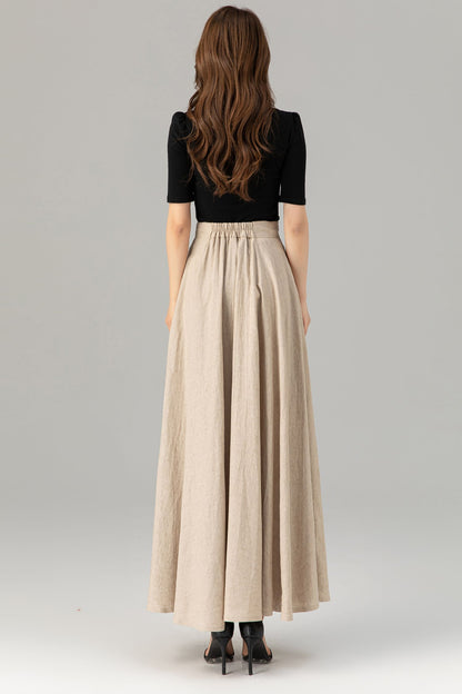 Beige Linen Maxi Skirt - Asymmetrical Elegant Flow 5626