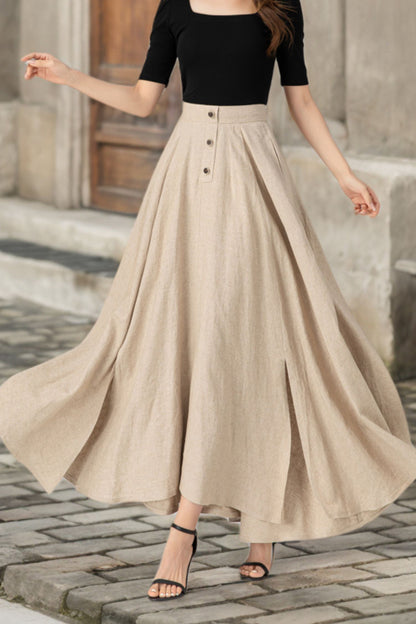 Beige Linen Maxi Skirt - Asymmetrical Elegant Flow 5626