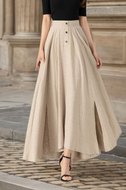 Beige Linen Maxi Skirt - Asymmetrical Elegant Flow 5626
