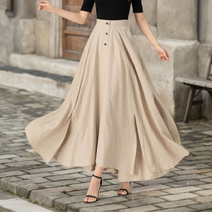 Beige Linen Maxi Skirt - Asymmetrical Elegant Flow 5626