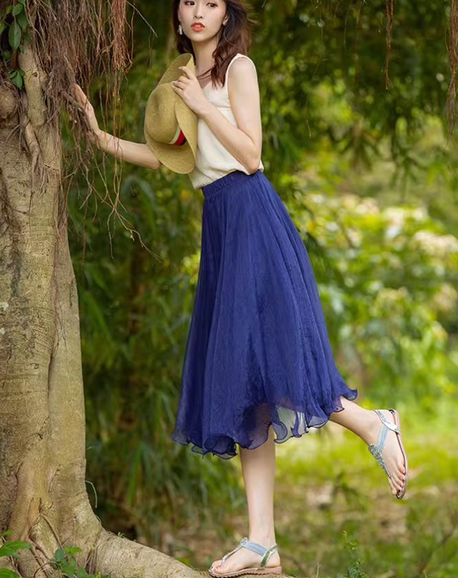 A line elastic waist summer chiffon skirt 6187- navy blue