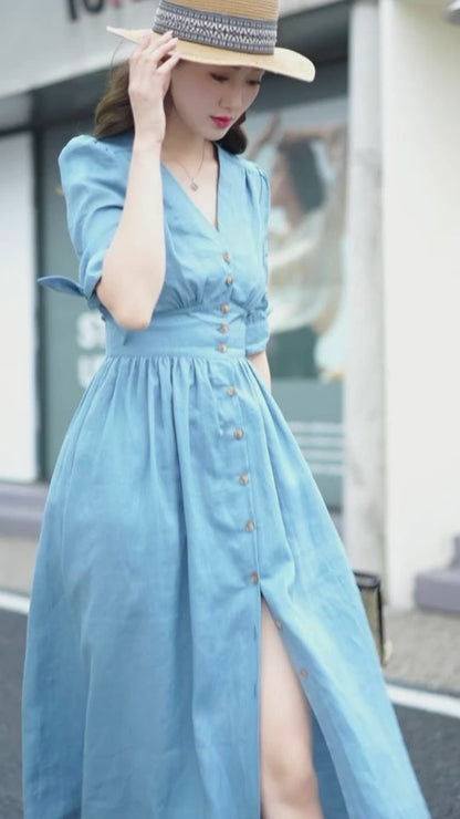 Blue Linen Midi Dress - Deep V-Neck, Button-Down Fit 4265