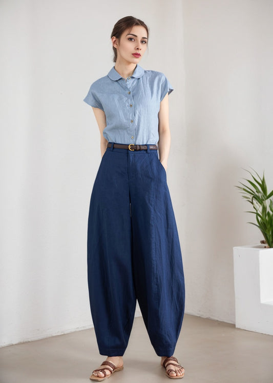 Dark Blue Wide Leg Linen Pants 5898