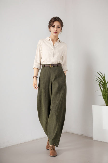 Olive Green Ankle Length Linen Blend Tapered Pants 5903