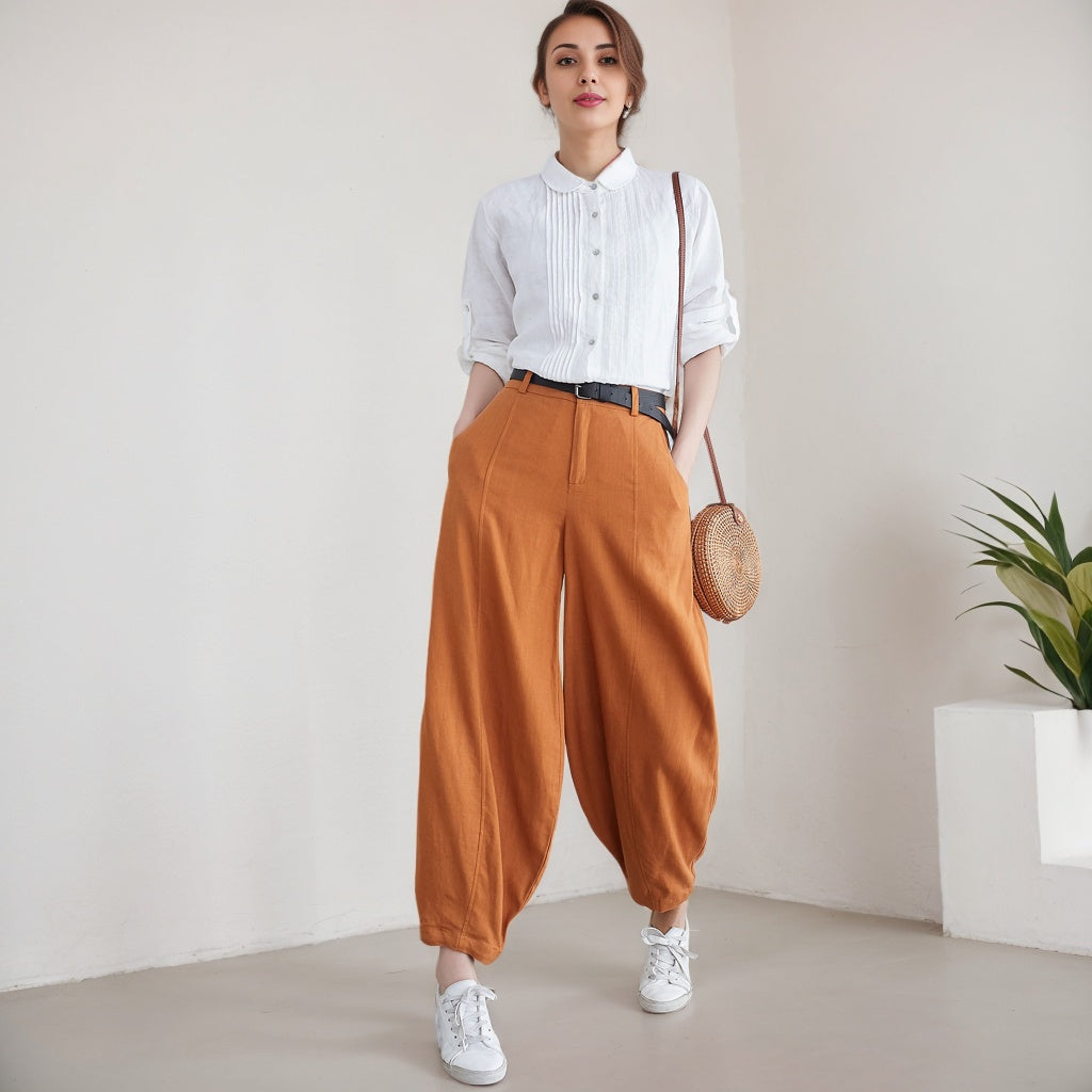 Caramel Linen Pants - Loose Fit Wide Leg Comfort 5904
