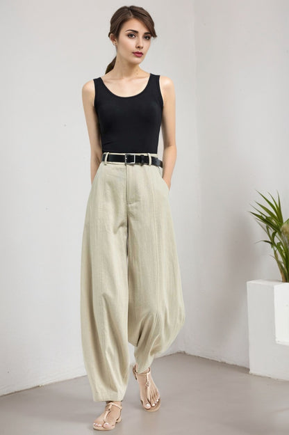 Beige Linen Blend Wide Leg Pants - High Waist, Ankle Length 5907