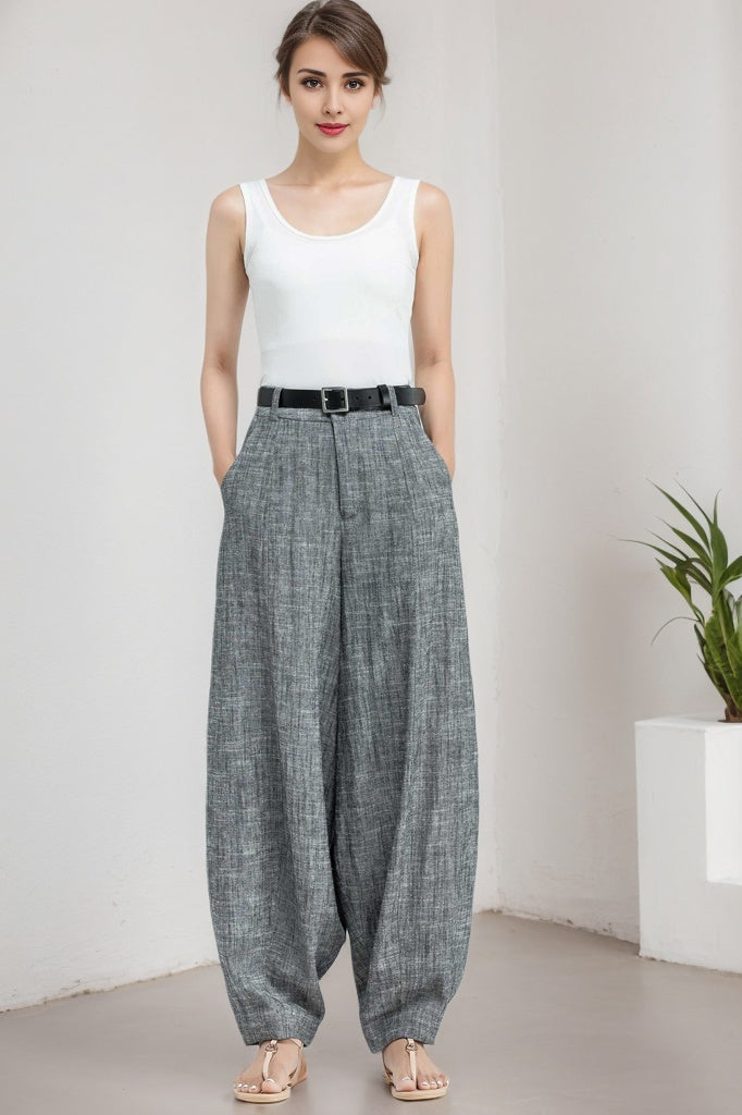 Gray Cotton Linen Wide Leg Pants - Loose Fitting, Breathable Comfort 5908