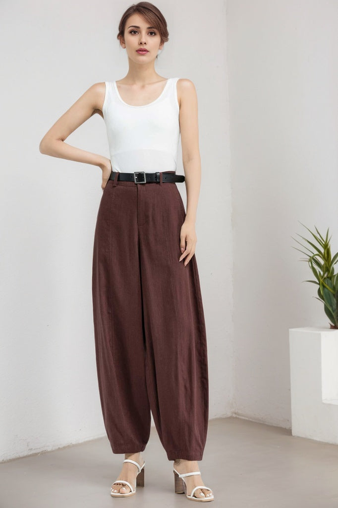 Brown Linen Pants - Loose Fit Wide Leg with Side Pockets 5909