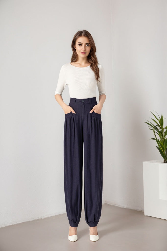 Navy loose fitting wide leg linen pants Handmade by Xiaolizi 5914