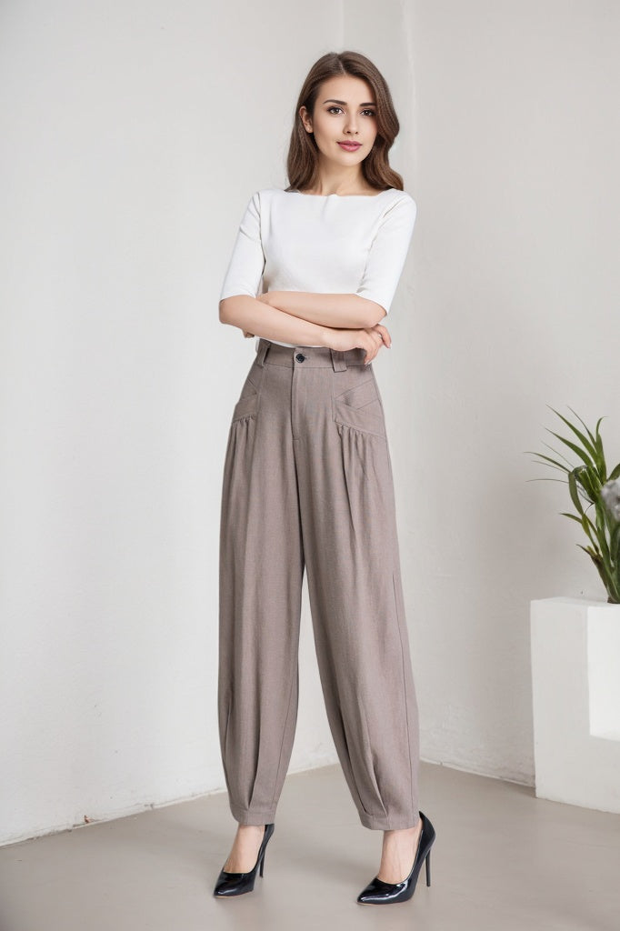 Khaki Linen Cotton Blend Maxi Pants - Button Front with Twin Pockets 5915