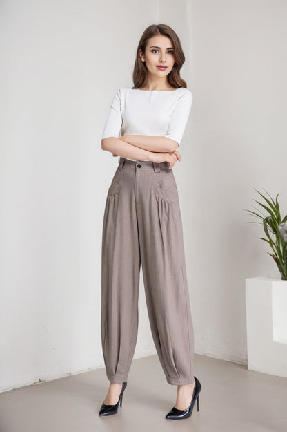 Khaki Linen Cotton Blend Maxi Pants - Button Front with Twin Pockets 5915