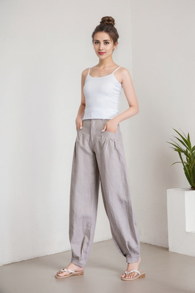 women's casual grey linen baggy pants 5916