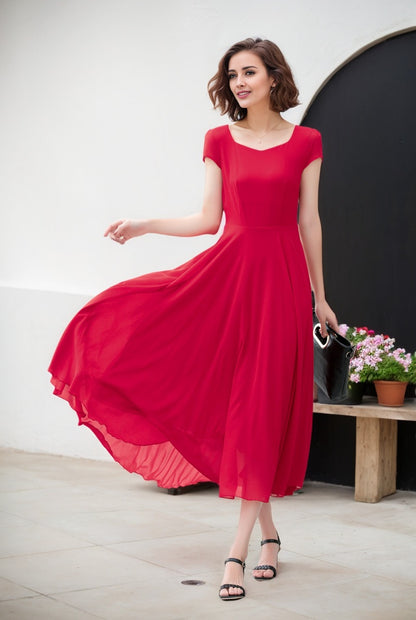Red Chiffon Midi Dress - Fit and Flare with Sweetheart Neckline 5176