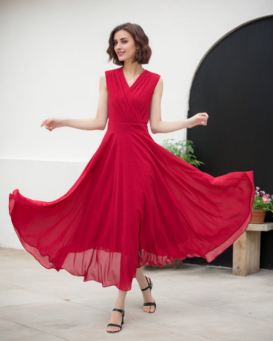Burgundy sleeves summer prom chiffon dress 5173