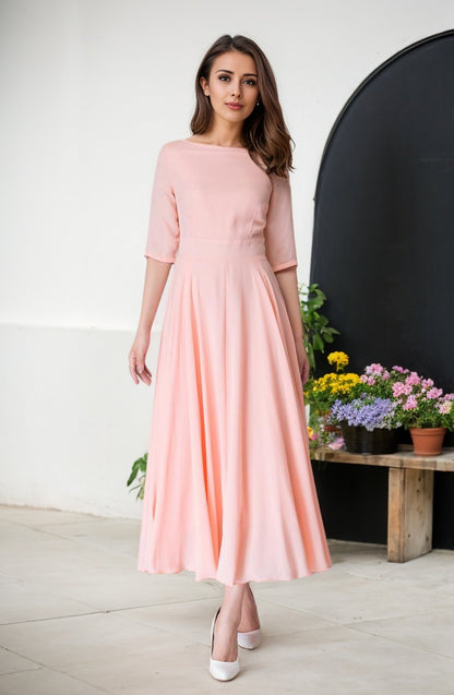 Elbow length sleeves fit and flare Midi dress 1524#