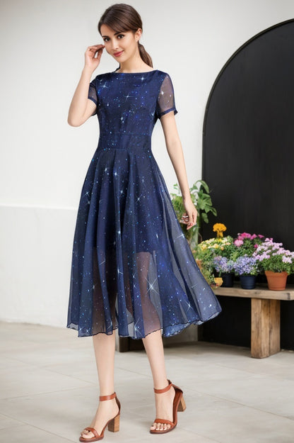 Navy Chiffon Midi Dress - Star Print Fit and Flared Silhouette 2334