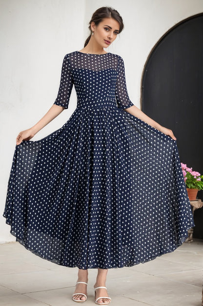 Blue and White Polka Dot chiffon Maxi Dress 2354