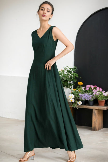 Maxi summer green linen dress women 2361