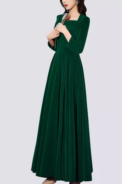 Emerald Velvet Maxi Dress - Square Neckline, 3/4 Sleeves 4799
