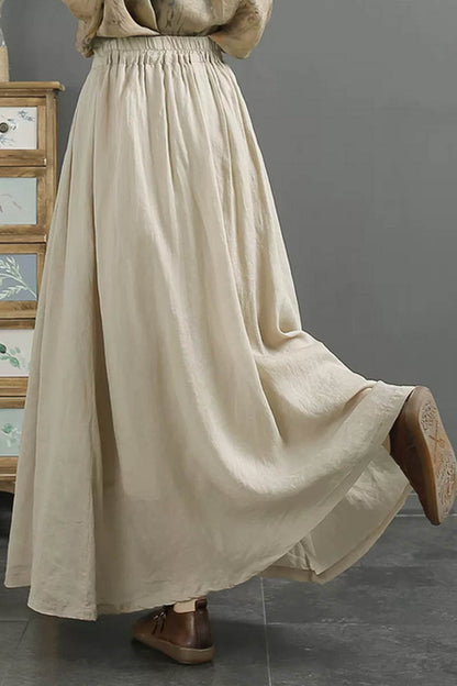 White Linen Maxi Skirt - Elastic Waist A-Line Flow 4345