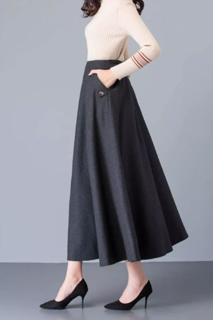Brown Wool Maxi Skirt - A-Line with Pockets 4752