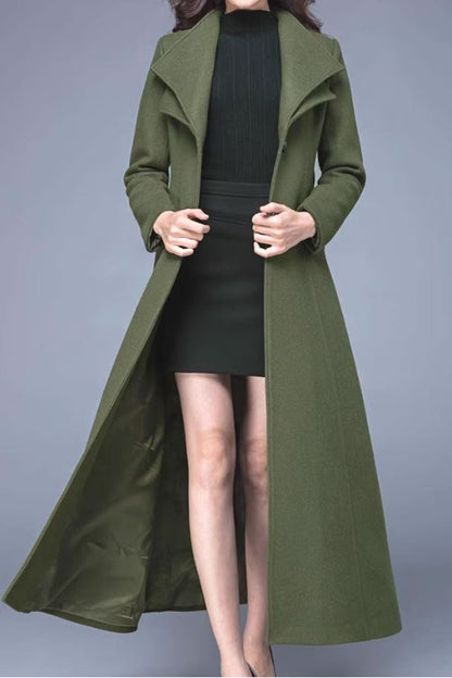 Handmade Wool Blend Coat – Elegant Lapel Maxi Overcoat with Belt & Pockets 4477