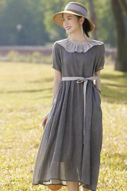 Gray Linen Midi Dress - Ruffle Neckline & Elastic Waist 4323
