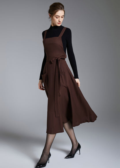Brown Linen Pinafore Dress – Vintage Fit and Flare Apron Style Dress with Pockets 3878