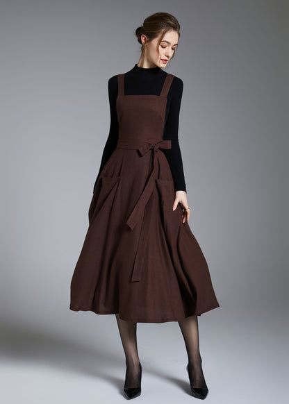Brown Linen Pinafore Dress – Vintage Fit and Flare Apron Style Dress with Pockets 3878