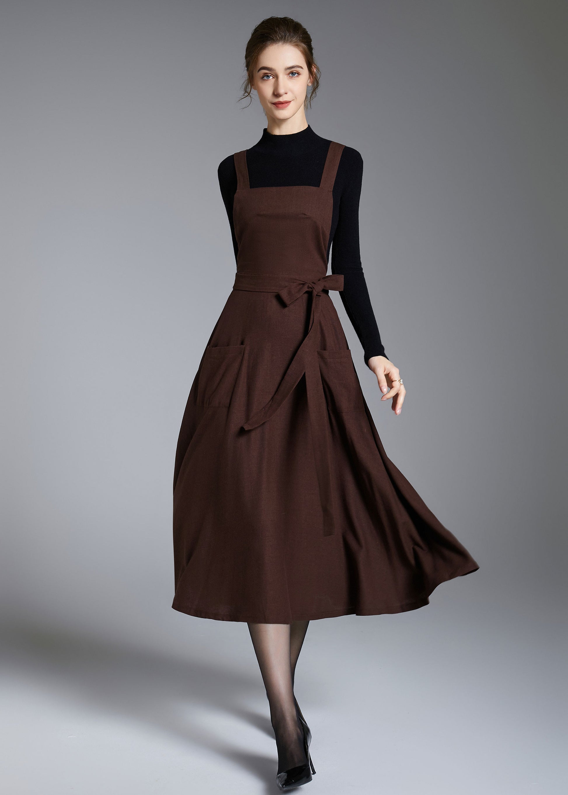 Brown Linen Pinafore Dress Vintage Apron Style Midi Dress with Pockets 3878 Brown / S Brown Linen Pinafore Dress Vintage Apron Style Midi Dress with Pockets 3878 Brown / S