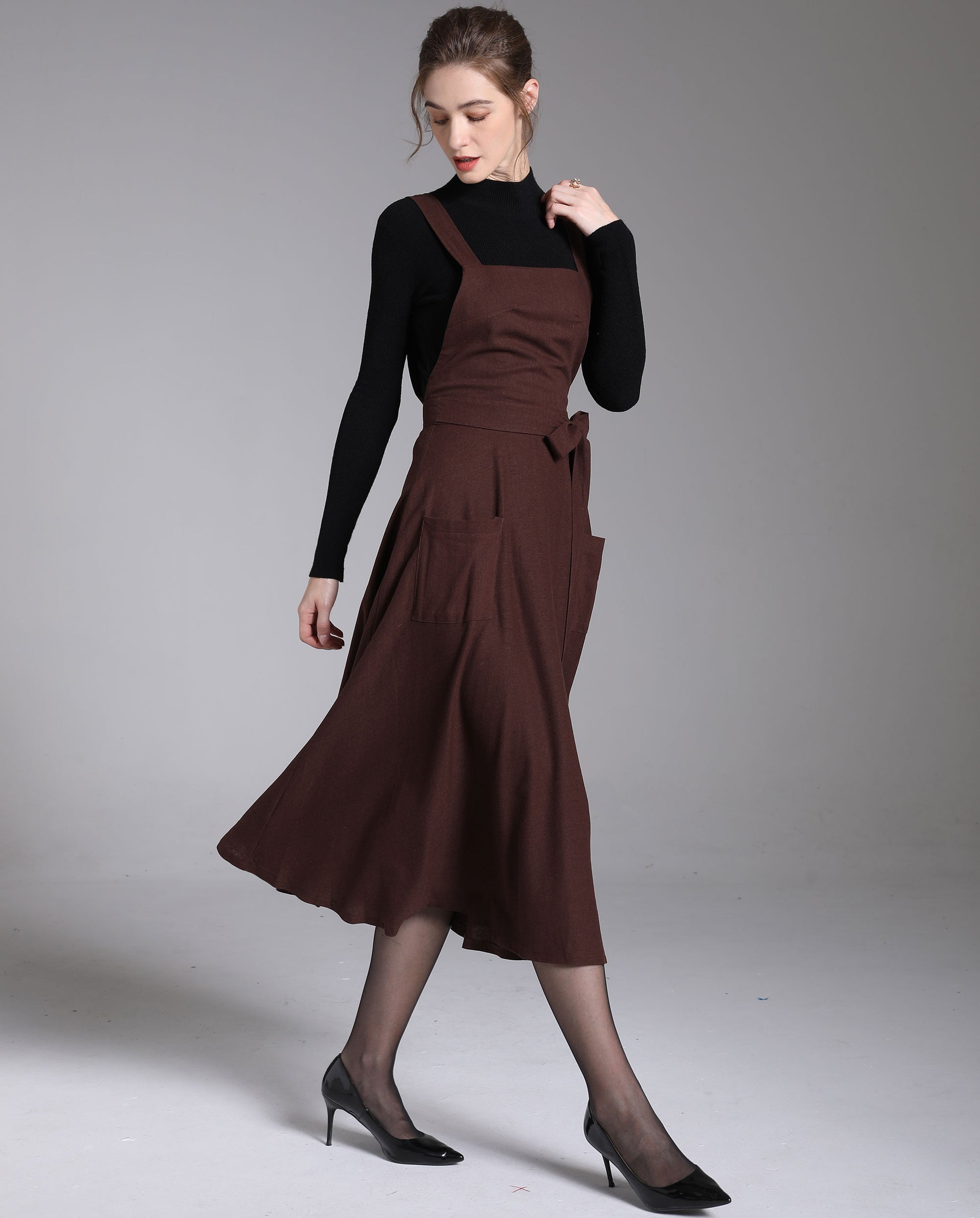 Brown Linen Pinafore Dress Vintage Apron Style Midi Dress with Pockets 3878 Brown / Xs Brown Linen Pinafore Dress Vintage Apron Style Midi Dress with Pockets 3878 Brown / Xs