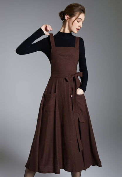 Brown Linen Pinafore Dress – Vintage Fit and Flare Apron Style Dress with Pockets 3878