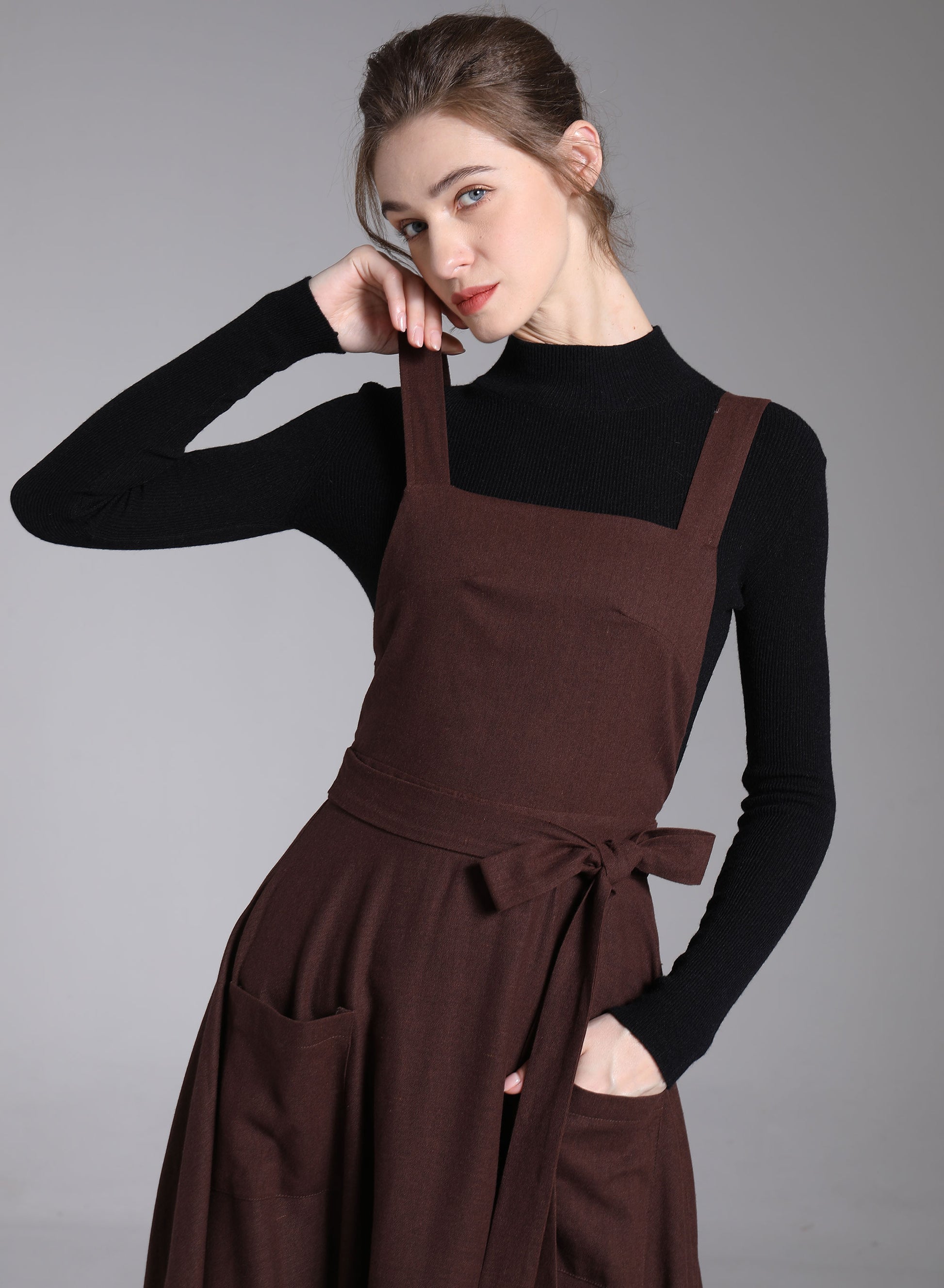 Brown Linen Pinafore Dress Vintage Apron Style Midi Dress with Pockets 3878 Brown / Xs Brown Linen Pinafore Dress Vintage Apron Style Midi Dress with Pockets 3878 Brown / Xs