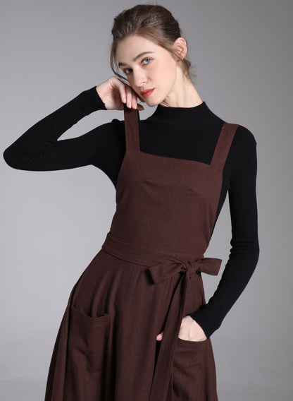 Brown Linen Pinafore Dress – Vintage Fit and Flare Apron Style Dress with Pockets 3878