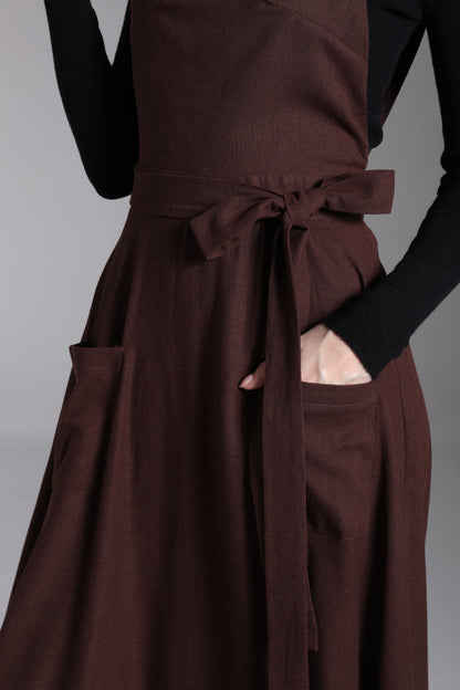 Brown Linen Pinafore Dress – Vintage Fit and Flare Apron Style Dress with Pockets 3878