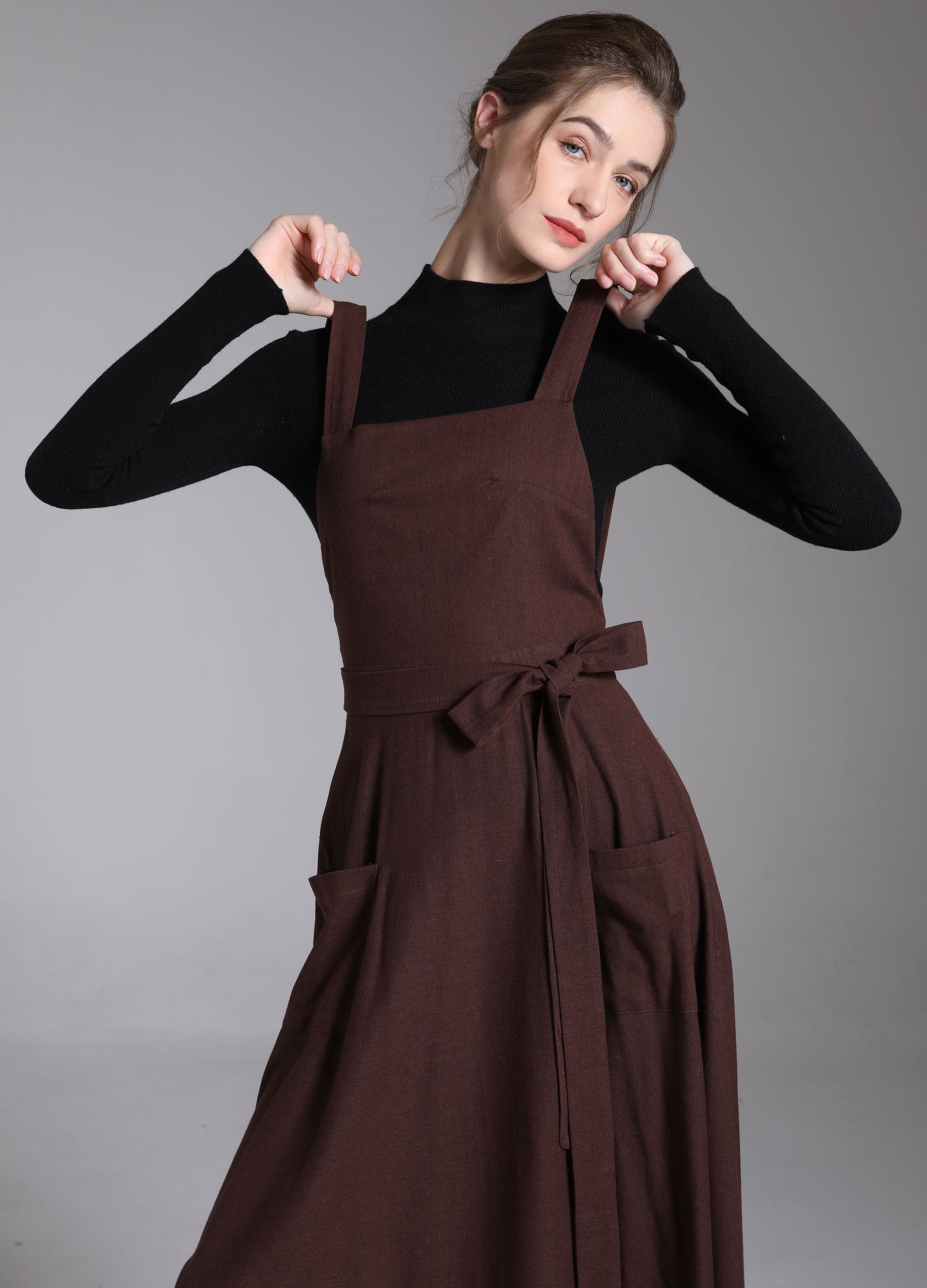 Brown Linen Pinafore Dress Vintage Apron Style Midi Dress with Pockets 3878 Brown / S Brown Linen Pinafore Dress Vintage Apron Style Midi Dress with Pockets 3878 Brown / S