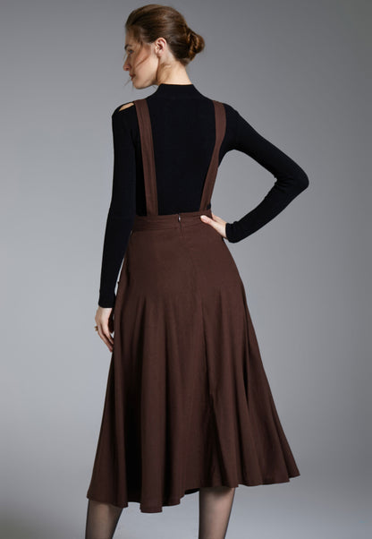 Brown Linen Pinafore Dress – Vintage Fit and Flare Apron Style Dress with Pockets 3878