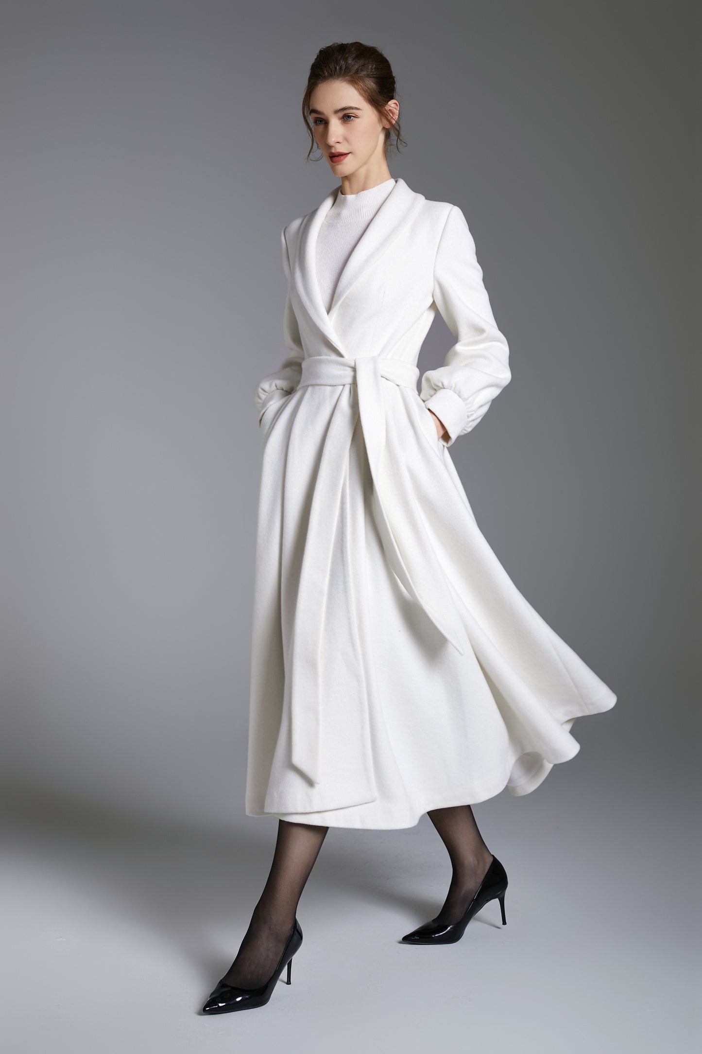 White Princess Swing Wool Coat – Bridal Wedding Winter Wrap Coat with Belt 3880