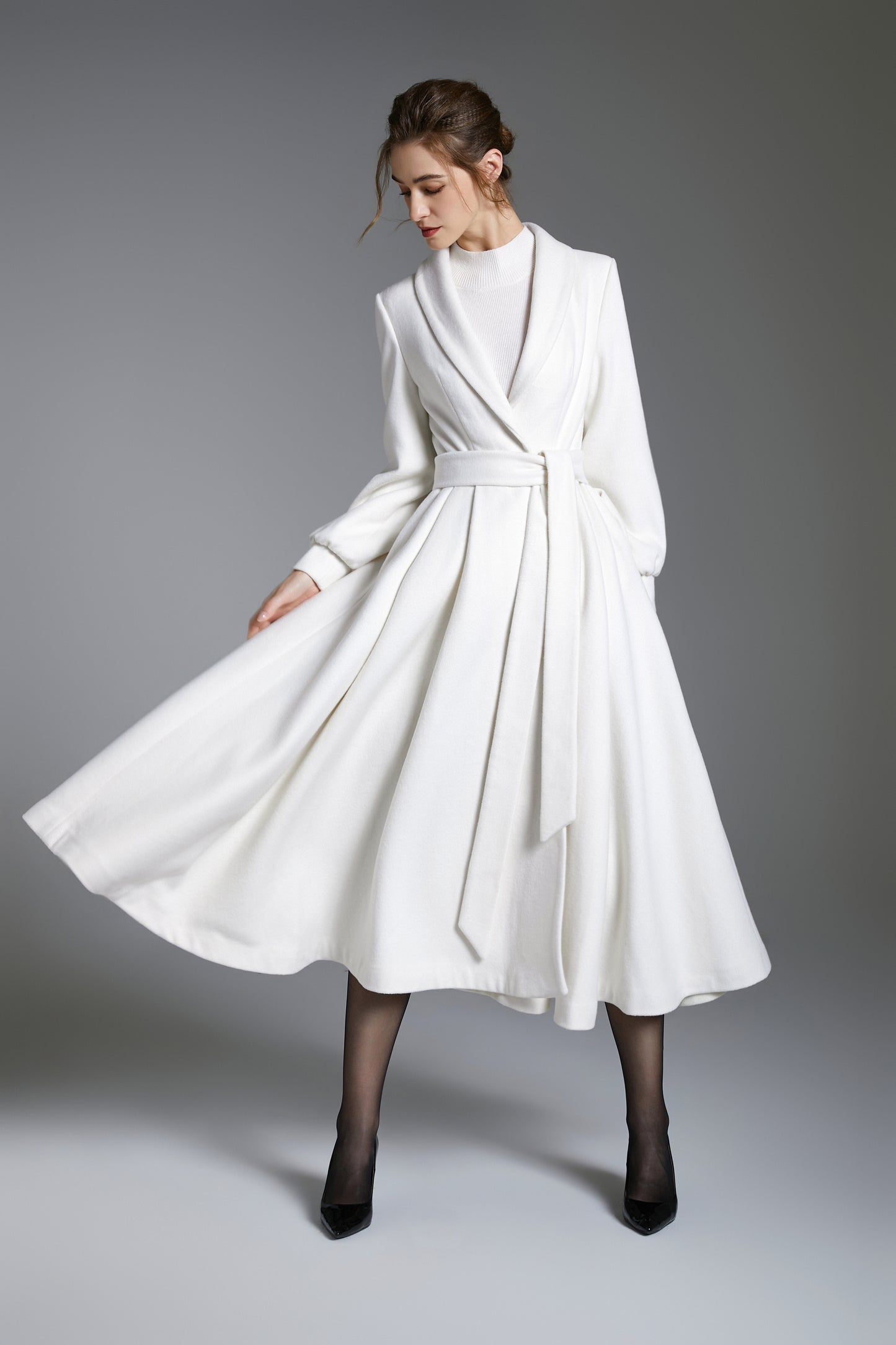 White Princess Swing Wool Coat – Bridal Wedding Winter Wrap Coat with Belt 3880