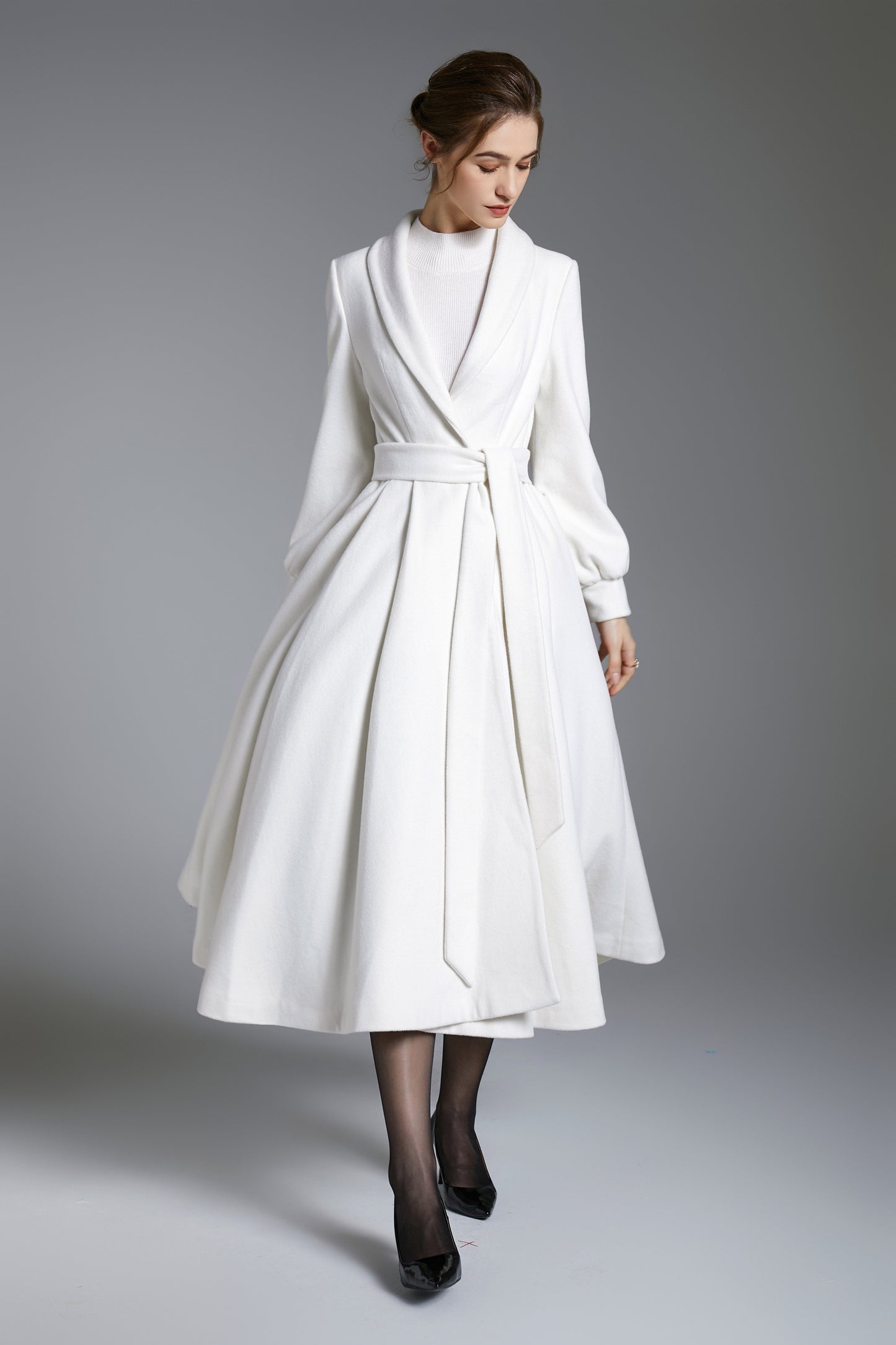 White Princess Swing Wool Coat – Bridal Wedding Winter Wrap Coat with Belt 3880