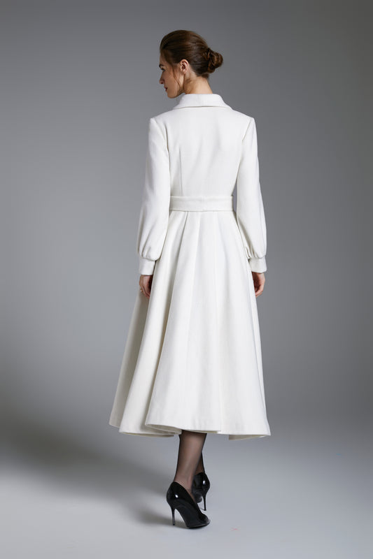 White Princess Swing Wool Coat – Bridal Wedding Winter Wrap Coat with Belt 3880