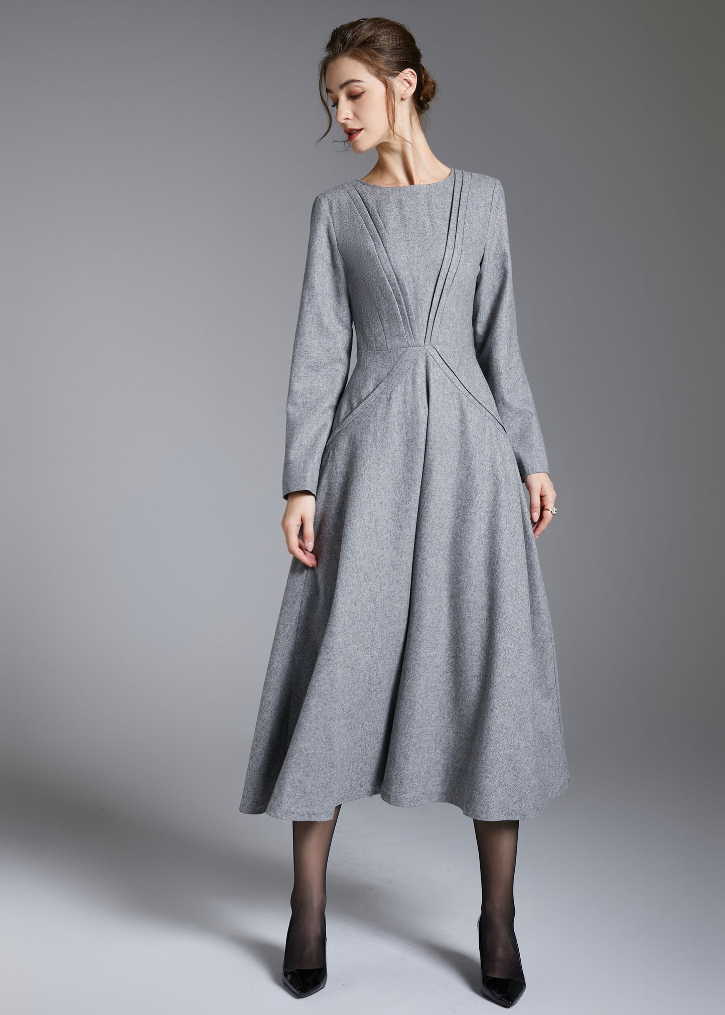 Gray Wool Blend Midi Dress – Vintage Long Sleeve Winter Dress 3882