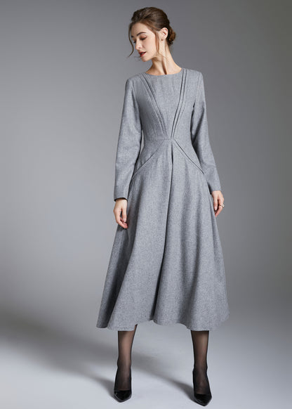 Gray Wool Blend Midi Dress – Vintage Long Sleeve Winter Dress 3882