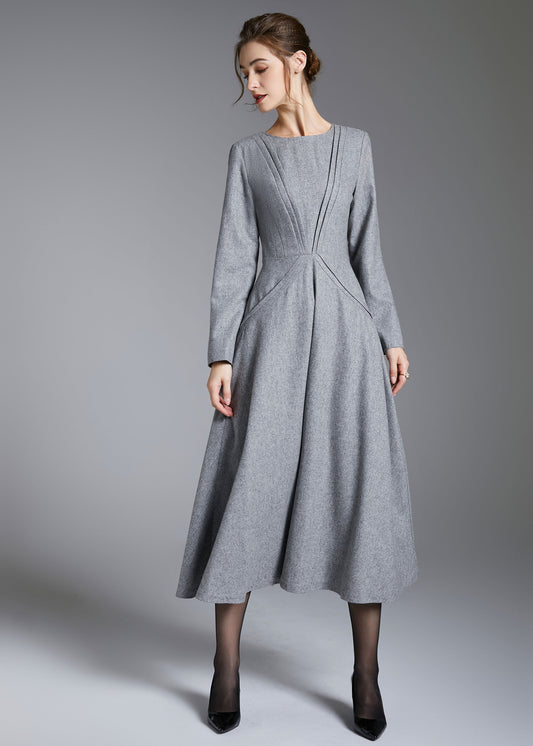 Gray Wool Blend Midi Dress – Vintage Long Sleeve Winter Dress 3882