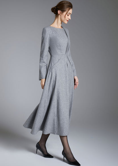 Gray Wool Blend Midi Dress - Fit-and-Flare Vintage Seam Detail 3882