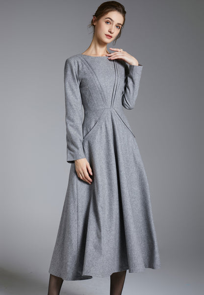 Gray Wool Blend Midi Dress - Fit-and-Flare Vintage Seam Detail 3882