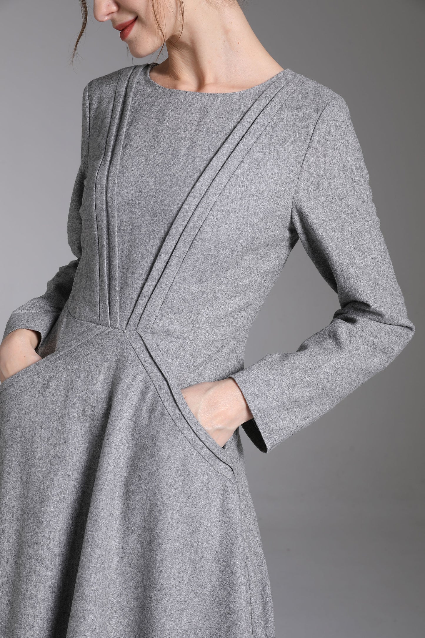 Gray Wool Blend Midi Dress – Vintage Long Sleeve Winter Dress 3882