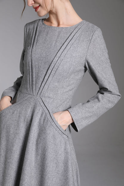 Gray Wool Blend Midi Dress - Fit-and-Flare Vintage Seam Detail 3882