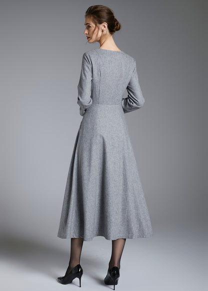 Gray Wool Blend Midi Dress - Fit-and-Flare Vintage Seam Detail 3882