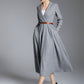 Elegant Grey Wool V-Neck Dress – Long Sleeve Winter Midi Dress 3887